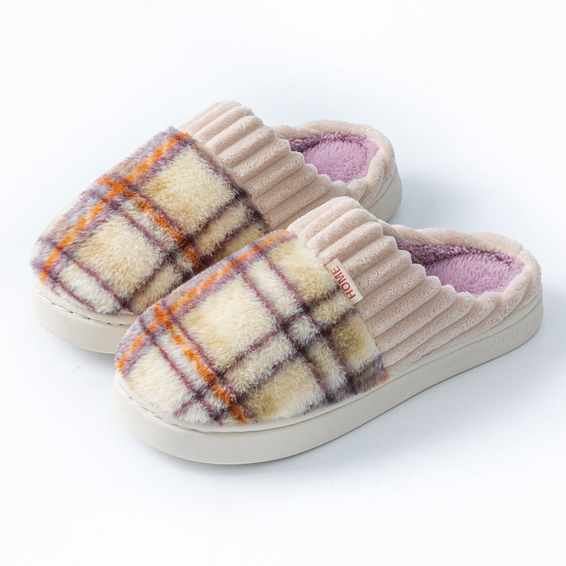 Plaid Plush Slippers Warm Soft Non-slip Bedroom Home Slipper For Couples Women Men House Shoes