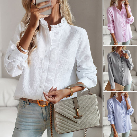 Elegant Striped Ruffle Long Sleeve Blouse for Women