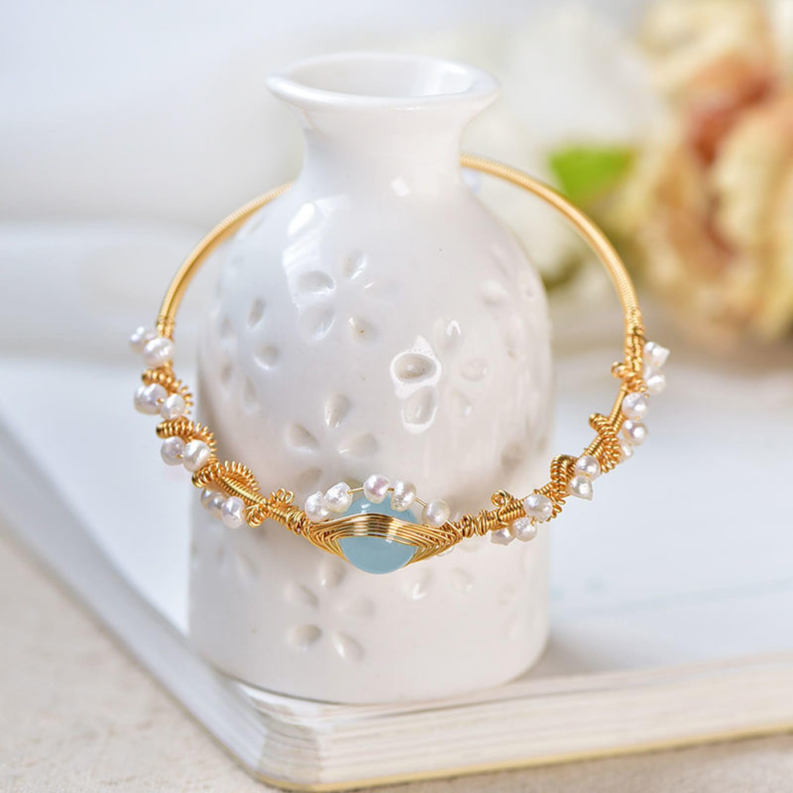 Pearl Bracelets For Women Gold Plating Pearl Bracelet Gold Wire Braided Vintage Style
