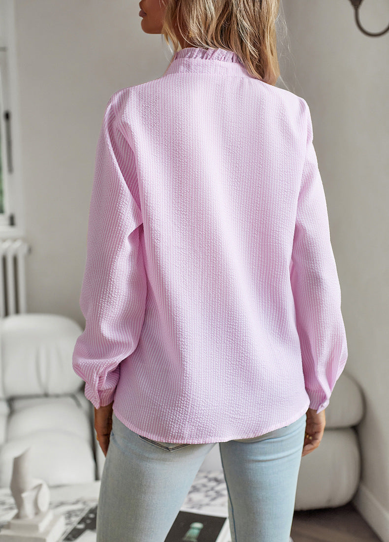 Elegant Striped Ruffle Long Sleeve Blouse for Women