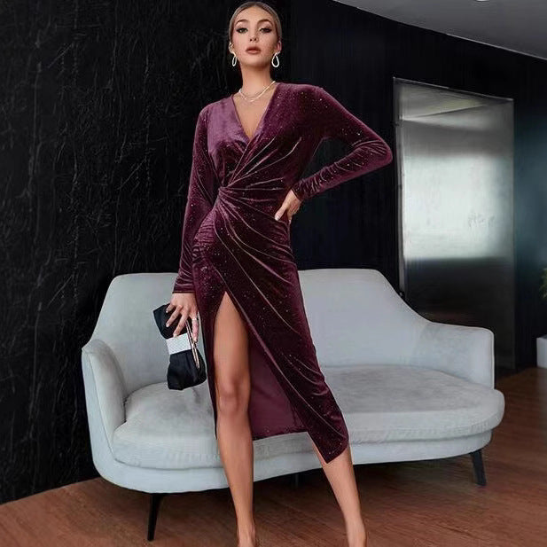Women's Elegant V-neck Asymmetric Skirt Dress Long Sleeve Gold Velvet Evening Dresses