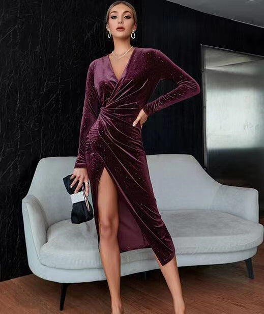 Women's Elegant V-neck Asymmetric Skirt Dress Long Sleeve Gold Velvet Evening Dresses