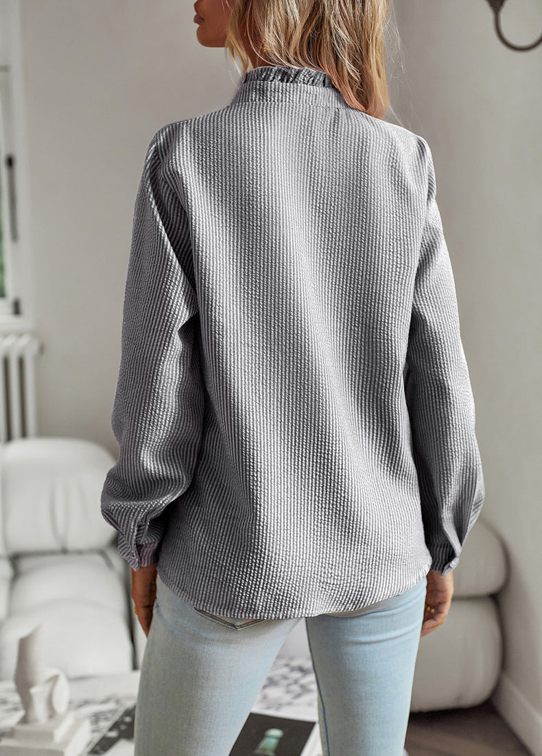 Elegant Striped Ruffle Long Sleeve Blouse for Women